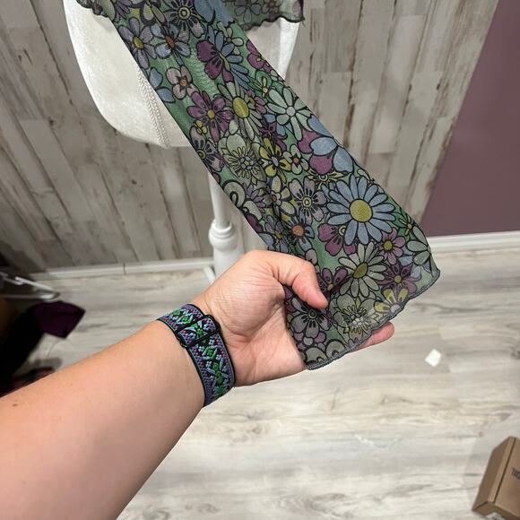 Women’s Sheer Groovy Floral Tie Front Bell Sleeve Festival Top Size Small - Picture 2 of 6